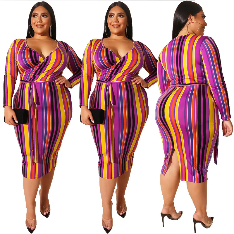

Vestido Verano Mujer Large Size Women's Color Striped Cross Tight Bag Hip V-neck Sexy Dress with Belt Zomerjurk Dames 2019