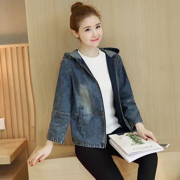 

Spring 2020 Women Jean Jacket Loose Solid Hooded Denim Jackets Fashion Pocket Design Cotton Coat Female