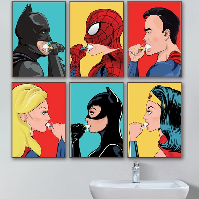 

Bathroom Superman Batman Wall Art Canvas Painting Hero Washroom Nordic Poster Cartoon Wall Pictures For Living Room Unframed