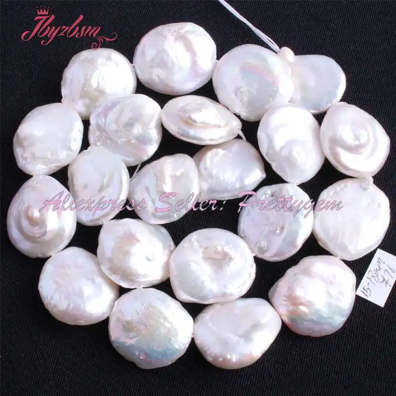 

14-16mm Coin White Freshwater Pearl Beads Natural Stone Beads For DIY Necklace Bractlaes Earring Jewelry Making 15"Free Shipping