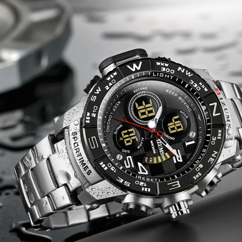 brave for men cool big case golden steel band dual time zones watches for men led digital quartz mens watches free shipping  (8)