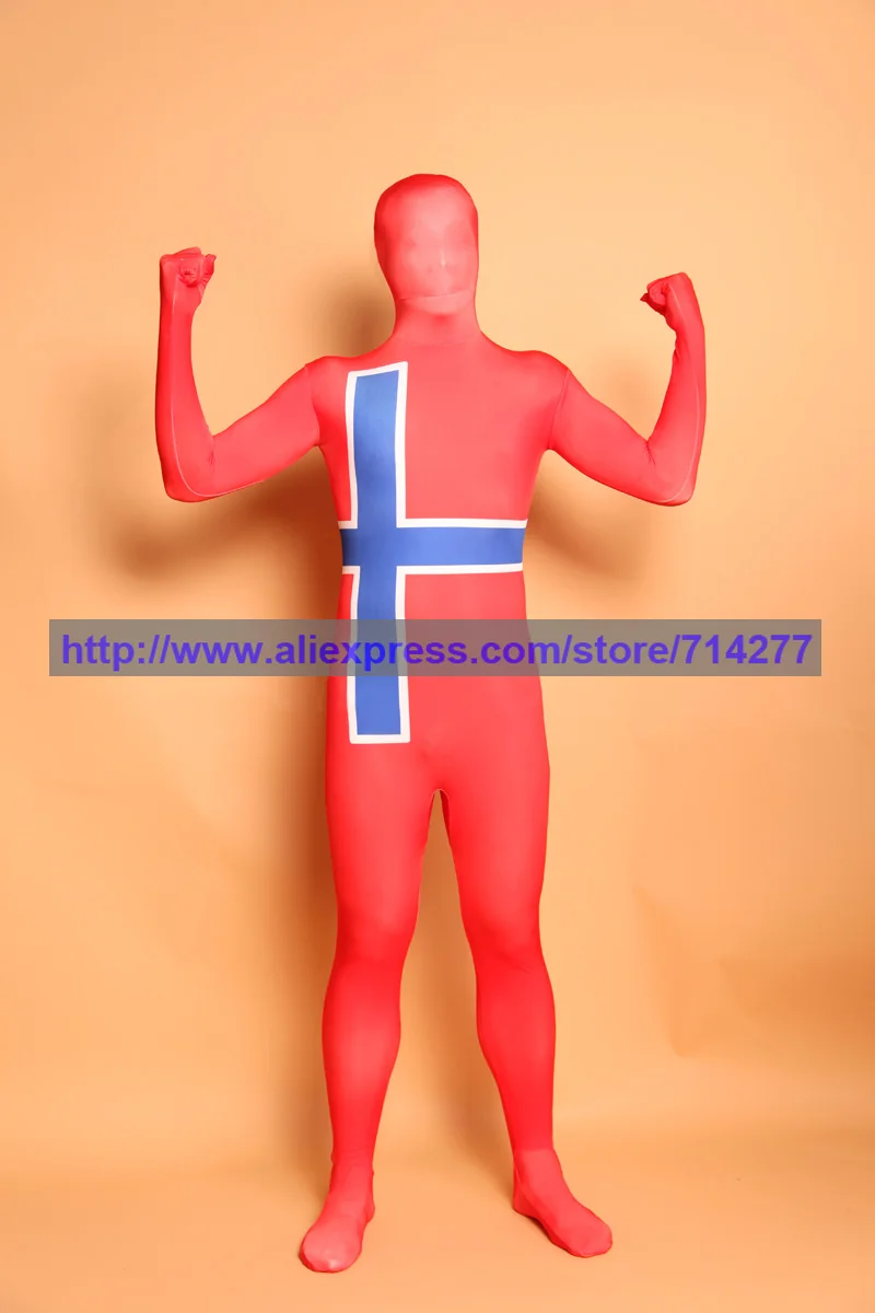 

Custom Made Wholesale Adult Pattern Of Norwegian Flag Unisex Lycra Zentai Spandex Suit Halloween Cosplay Costume Christmas Gift