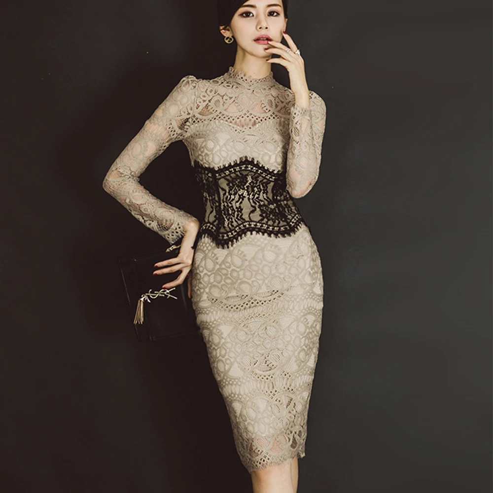 

Women Dress Sexy cleavage Embroidery Lace Flower Spliced Slim Lady Female Summer Clothes Skinny Beige Party Club Dress Cotton