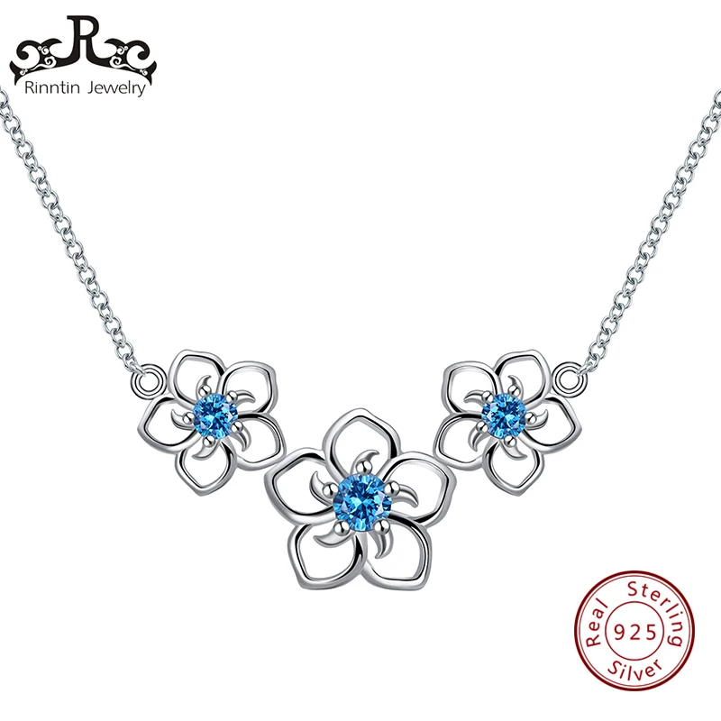 

Rinntin 100% 925 Sterling Silver Necklaces For Women Lovely Flower Design Four Colors AAA Zircon Necklace Pendants Jewelry TSN96