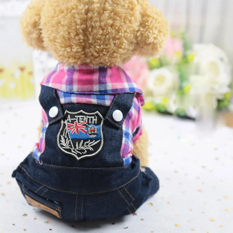 New Dog Clothes Pet Products Puppy Cat Costumes Lattice Four Legs With Jeans Onesies Jacket Spring Summer Autumn Wear - Цвет: Розовый