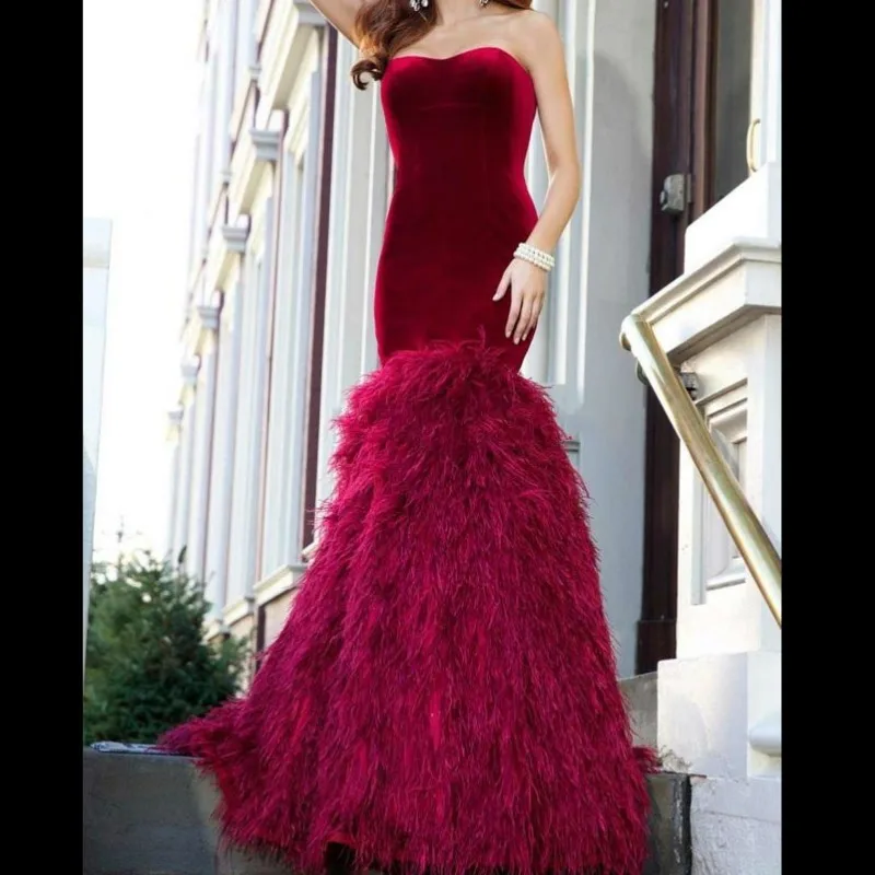 Вечернее платье с юбкой-годе Выпускные платья Длинные бархатный Лиф Перо бордовый сексуальное, с лифом сердечком, с открытой спиной vestidos de праздничное платье платья