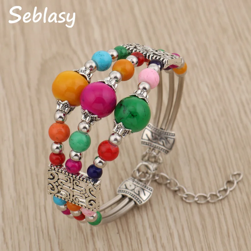 

Seblasy Vintage Maxi Multi Layer Geometric Patterns Natural Stone Beads Bracelets & Bangles for Women Boho Tibet Silver Color