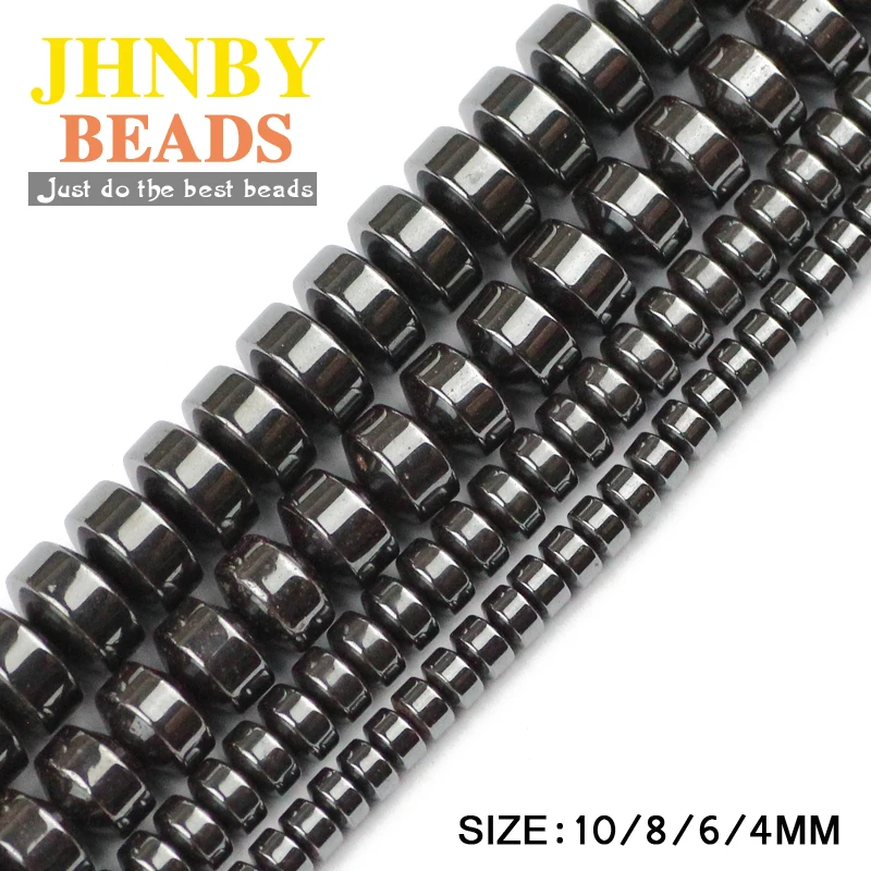 

JHNBY Cylinder Black Hematite beads 4/6/8/10MM Natural Stone geometric Flat Round Loose beads For Jewelry bracelet Making DIY