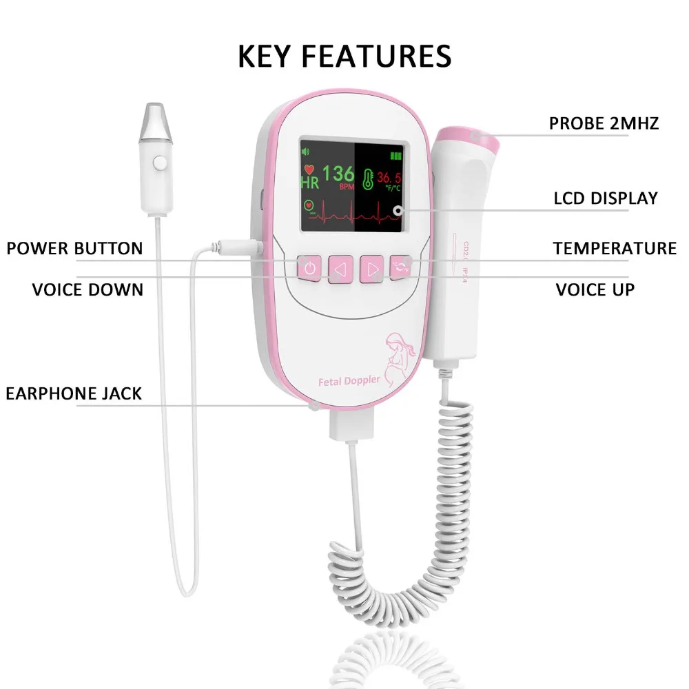 Фетальный Doppler с термометр, Премиум Профессиональный 2 МГц детектор, Портативный Беременность термометр Монитор Сердечного Ритма