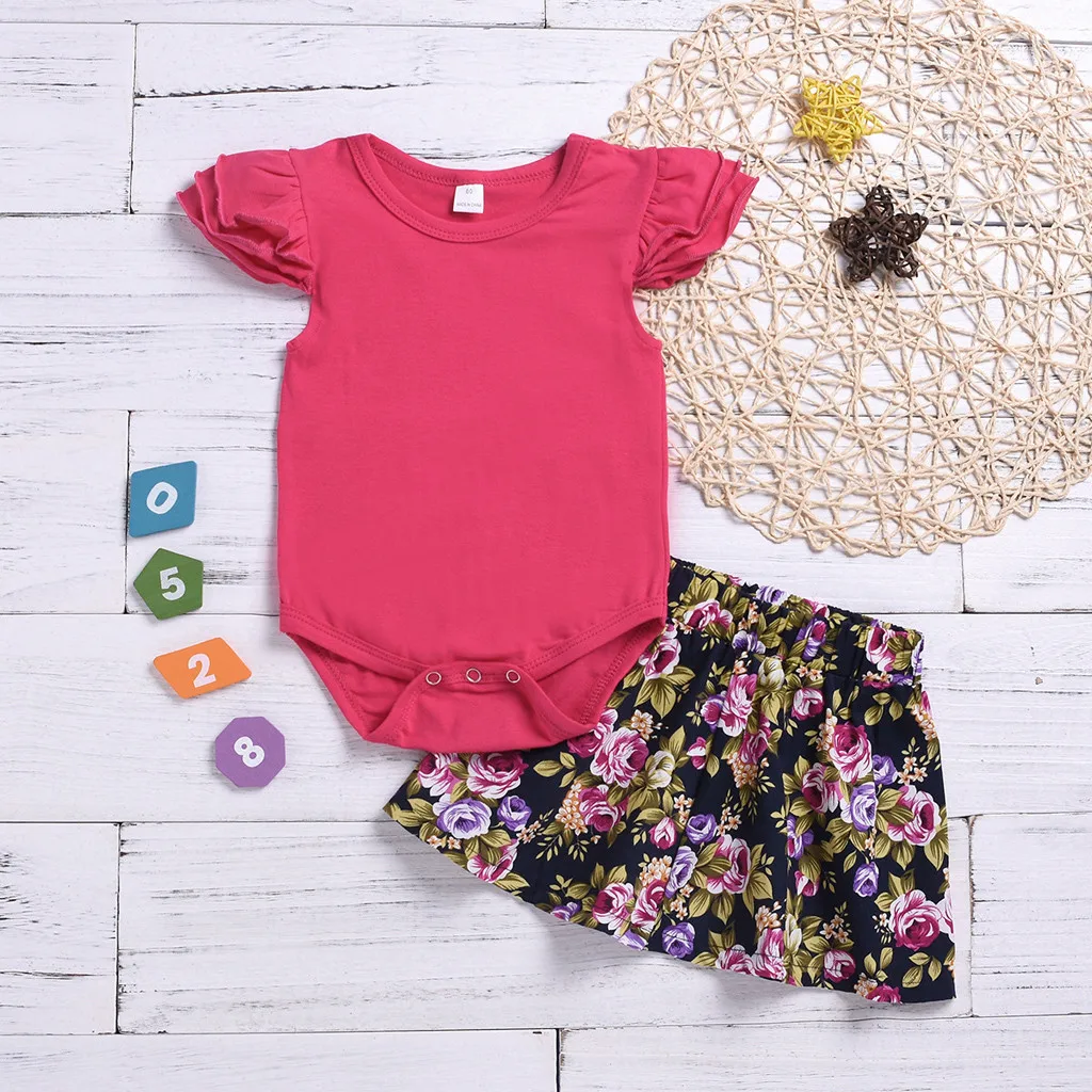 

Newborn Baby Girls Kids Romper Clothes Set Outfits Infant Girl Two Piece Solid Ruched Sleeveless BodySuit+Floral Skirt Clothing