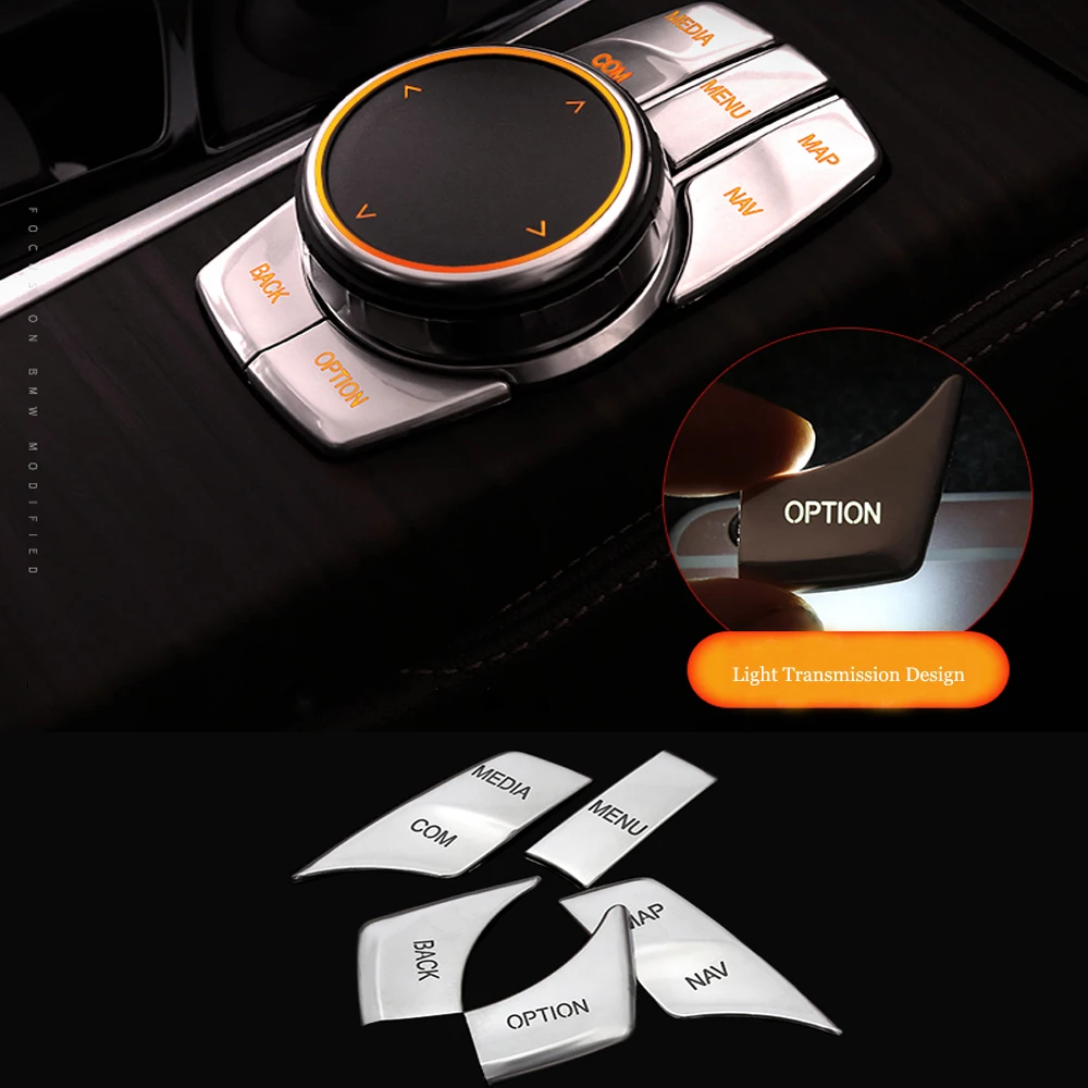 

5pcs/lot Car Multimedia Idrive Button Cover Knob Cover Sticker For BMW E46 E60 E90 E36 X5 E53 E34 528 535 530 Series Car Styling