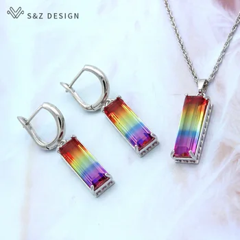 

S&Z 2019 Square Tourmaline Colourful Crystal Drop Earrings White Gold Earring For Women Gift Wedding Party Jewelry