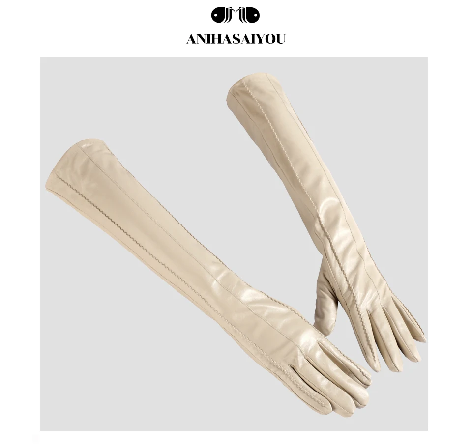 Модные Бежевые длинные кожаные перчатки, высококачественные длинные кожаные перчатки для женщин, зимние женские длинные перчатки из натуральной овчины-CSD2-50CM