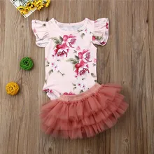 Милая Одежда для новорожденных, комплекты из 2 предметов для маленьких девочек, комбинезон с короткими рукавами и цветочным принтом, фатиновая юбка-пачка, шорты, комплекты из 2 предметов для маленьких девочек 0-24 месяцев