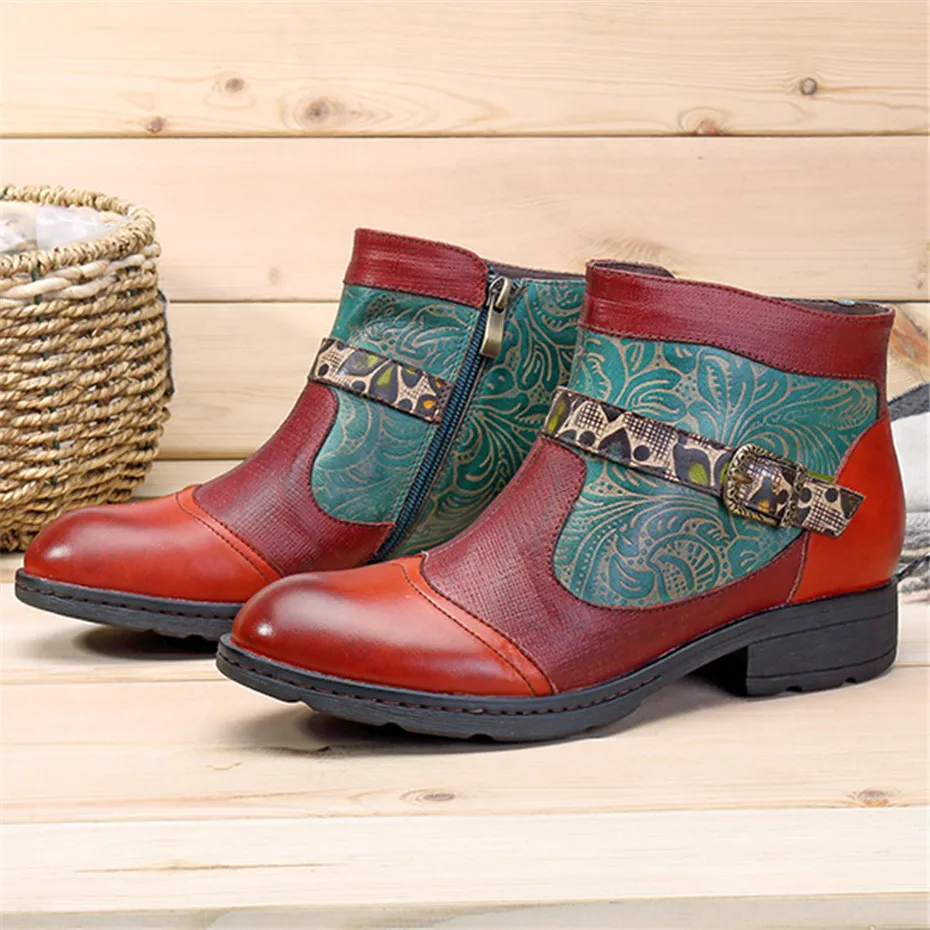 New Plant Texture Female Chelsea Boots Shoes Genuine Leather Stitching Craft Ladies Short Boots Flat Casual Zipper Women's Boots (1)