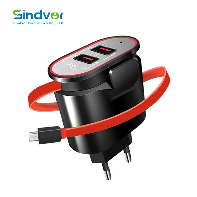 Sindvor 5V 3.1A 2 порта USB зарядное устройство со встроенным кабелем EU Быстрая зарядка настенное зарядное устройство для iPhone X 8 Plus samsung Carregador USB