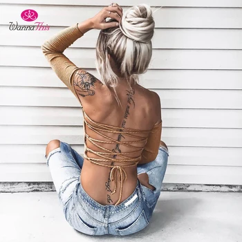 

WannaThis 2017 Autumn Solid Sexy Crop Tops Women Back Lace Up Slash Neck Long Sleeve Short Tops Yellow Black Shirts For Females