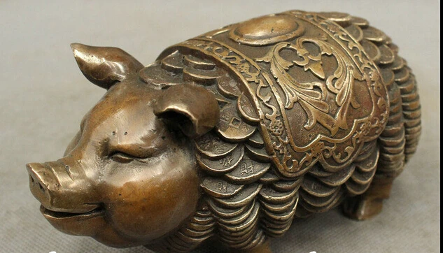 

bi003225 Folk Chinese Collect Bronze Copper Lucky Wealth Coin Year Zodiac Pig Statue Set