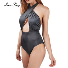 Laceshop 2017 New Fashion Women Black Solif Color Sexy Lace Halter Underwear Cross Front Soft Backless Breathable Slim bodysuit