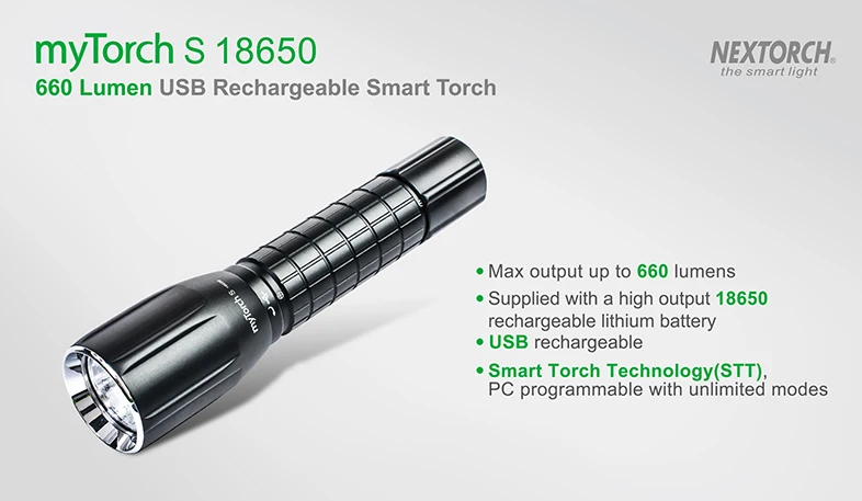 NEXTORCH myTorch S 18650 660 люмен Стандартный IPX7 водонепроницаемый ударопрочный ультра яркий для юсб перезаряжаемый светодиодный умный фонарик