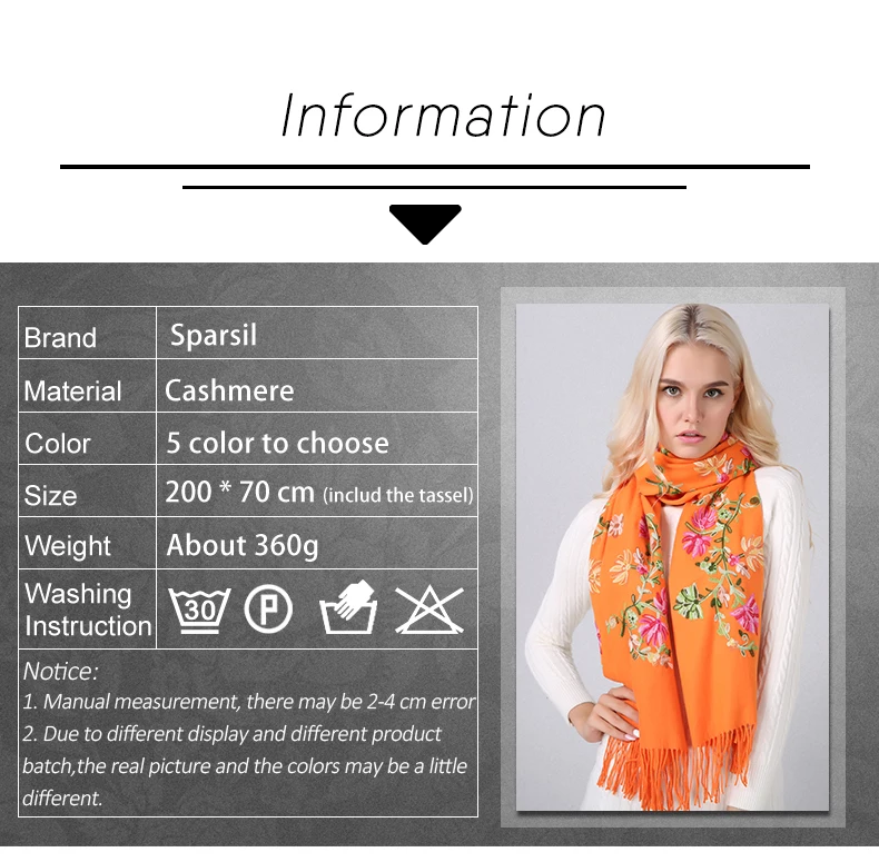 Sparsil Женский кашемировый шарф с вышивкой, зимняя шаль с цветочным принтом, хиджаб, цветы, толстые шарфы, Длинные Теплые шали, размер 200*70 см