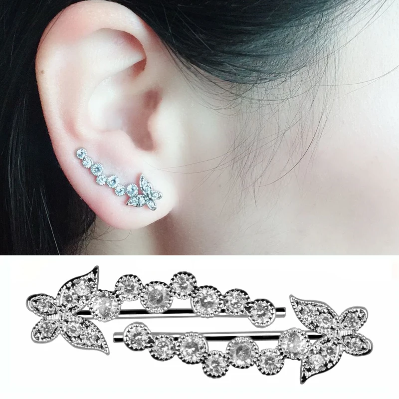 

New A Pair Butterfly Crystal Rhinestone Clip Earring Cuff Silver Ear Crawler Ear Party Ear Clip Cuffs Earrings Women Jewelry