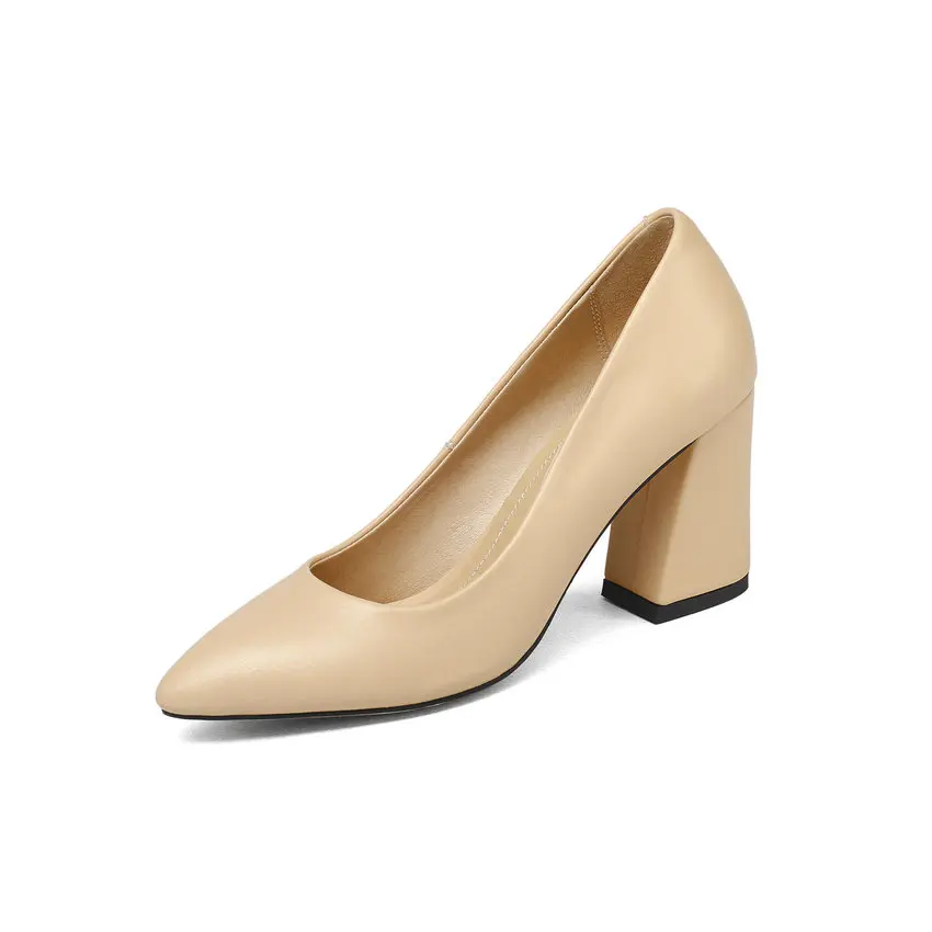 QUTAA/; обувь; женские летние туфли-лодочки на высоком квадратном каблуке; черные женские свадебные туфли из искусственной кожи с острым носком; размеры 34-43 - Цвет: Apricot