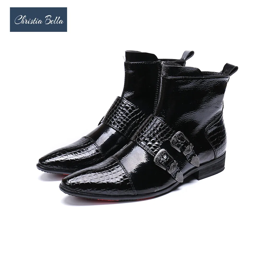 Christia Bella Winter Autumn Fashion Genuine Leather Men Cowboy Boots Pointed Toe Buckle Dress Plus Size Male Short | Обувь