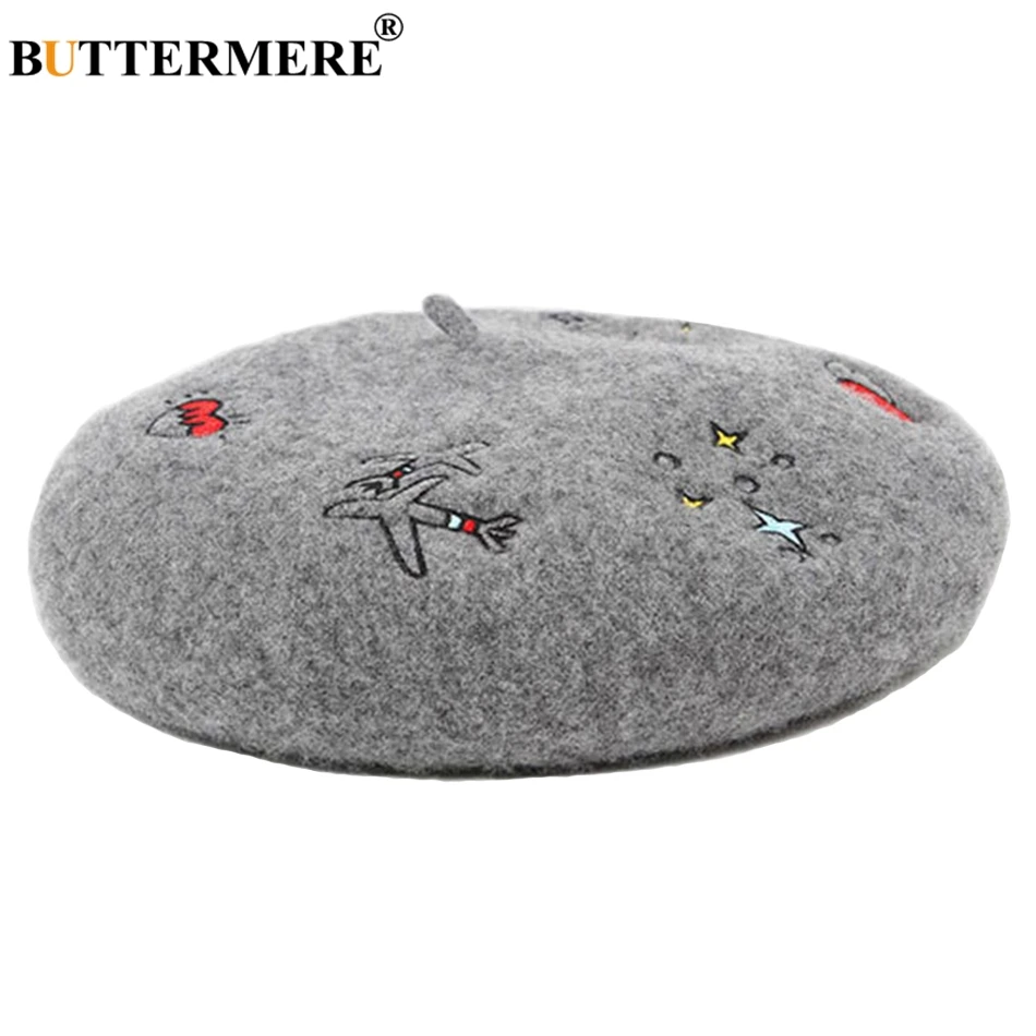 BUTTERMERE Wool Felt Beret Caps For Women Gray Embroidered Painters Cap Ladies Fashion Love French Female Winter Artist Hats