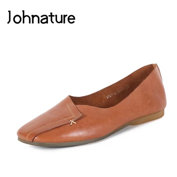 

Johnature 2020 New Spring/Autumn Fashion Square Head Genuine Leather Casual Square Toe Slip On Flats Women Shoes