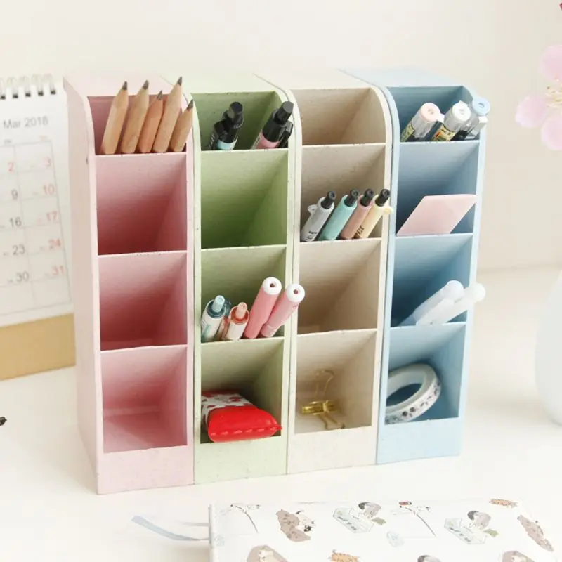 Multi-function 4 Grid Desktop Pen Holder Office School Storage Case Box Wheat Straw Desk Pencil Organizer Stationery | Канцтовары для
