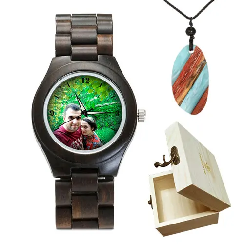 Семейные часы для влюбленных, индивидуальная гравировка, фото, УФ-печать, бамбуковые деревянные часы, подарки для мужчин, уникальный подарок, дропшиппи - Цвет: black watch gift box