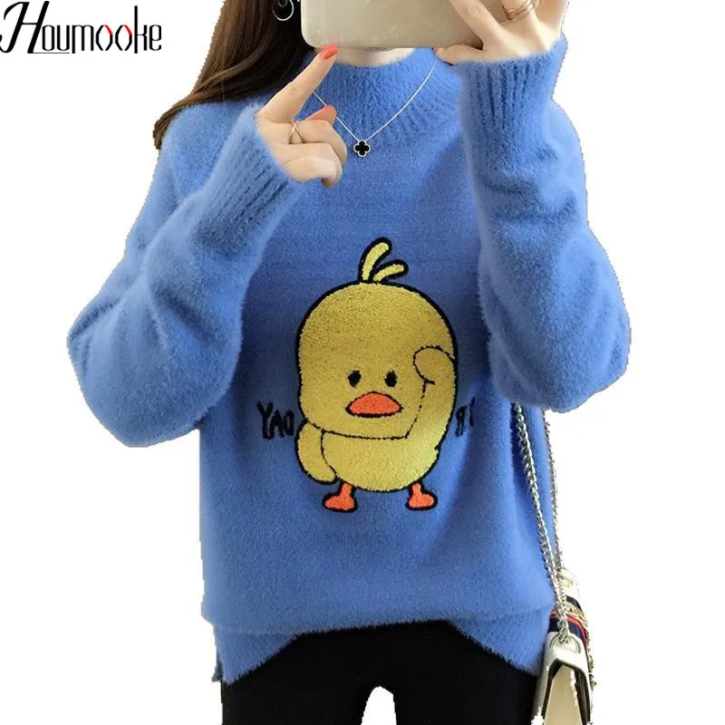 

HMK New Ins 2019 Women Sweater Duck Knitted O-neck Solid Color Chic Pullover Sweaters Jumper Sueter Mujer Tops Female Sweaters