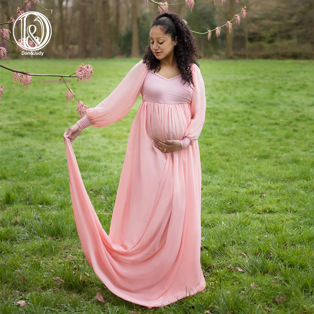 

D&J Long Sleeve Maternity Chiffon Dresses Pale Pink V-Neck Long Maternity Dress For Photo Shooting Pregnancy Chiffon Maxi Dress