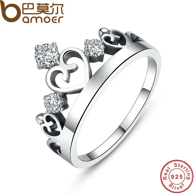 

BAMOER 925 Sterling Silver Crown Ring with CZ for Women Wedding Original Fine Jewelry SCR001