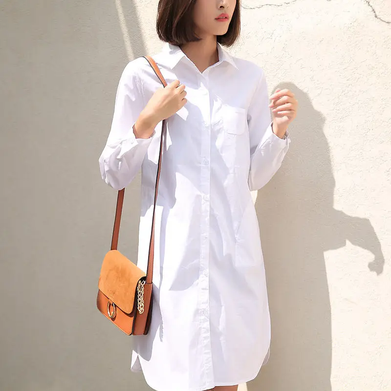 Белое платье-рубашка размера плюс 5XL с длинным рукавом и карманом, платье-рубашка из хлопка, Элегантное летнее повседневное свободное женское пляжное сексуальное платье Q1338