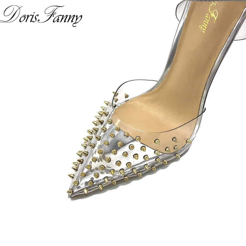 Ceny Doris Fanny Slingback kobiety buty 2018 nowa wiosna letnie klapki przezroczyste obcasy pcv nity buty ślubne przezroczyste ramiączka obcasy