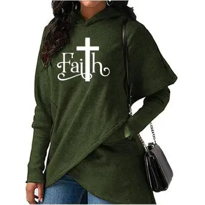 Осень, новинка, с надписью «Faith», модные толстовки с капюшоном, женские толстовки с капюшоном, женский свитер, повседневные Теплые Топы, 6 цветов - Цвет: Зеленый