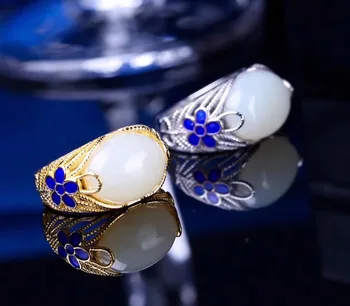 

Explosion models Hetian yu ring 925 silver inlay lovers