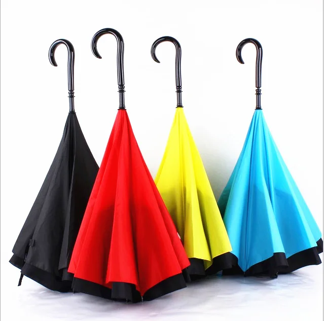 

4 Colors J-Shaped Hand Double Layer Reverse Umbrella Open/Close In The Narrowest Space Creative Graphic Windproof Car Umbrella
