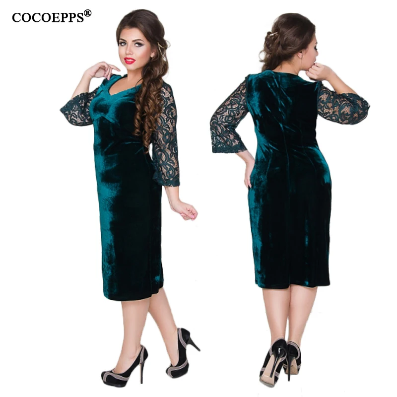 COCOEPPS Large Size Thicken lace Autumn Winter Women Velvet Dress L-6XL Female Clothing Plus Size Red Tunic Dress Vestidos