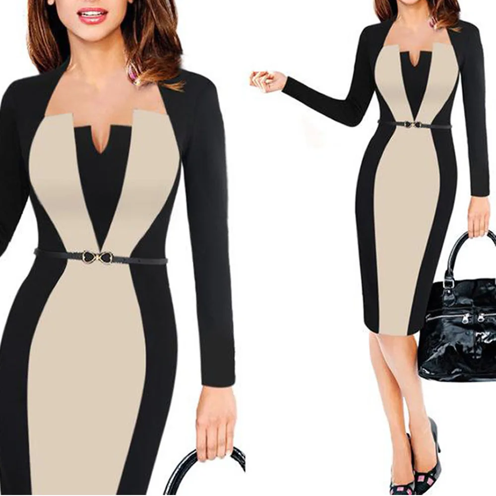 

2019 Summer Women Retro Contrast Patchwork Belt Wear to Work Business One Piece Dress Suit vestidos Office Bodycon Pencil Female