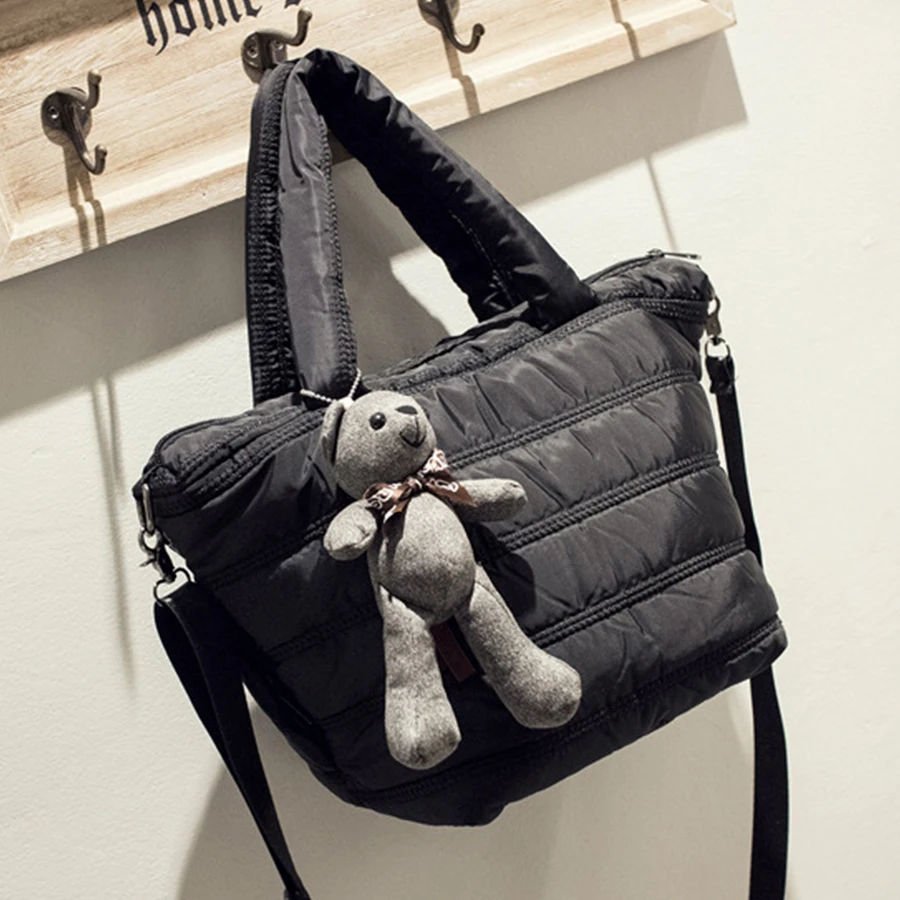 

Winter Space Cotton Totes Bags for Women 2018 Down Leather Shoulder Messenger Bags Casual Cartoon Hanging Handbags Lady Girls