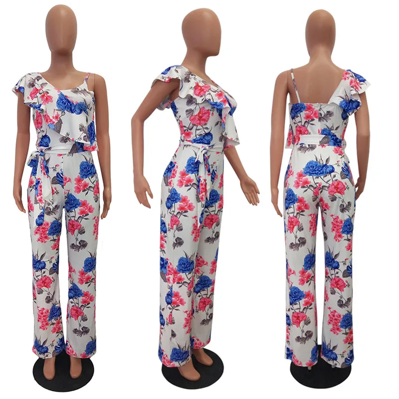 Echoine Women Fashion Jumpsuit Ruffles Irregular Neck One shoulder Floral Printed Sexy Spaghetti Strap Loose Long Pants Rompers Echoine Women Fashion Jumpsuit Ruffles Irregular Neck One shoulder Floral Printed Sexy Spaghetti Strap Loose Long Pants Rompers
