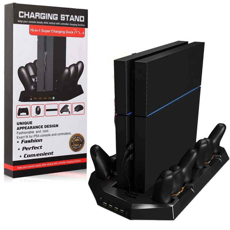 PS4 Console Vertical Stand Dual Cooler Fans+Four Charger Ports Charging
