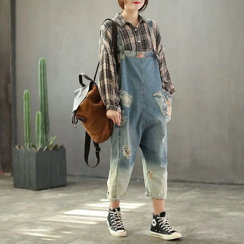

Spring Jumpsuits Retro Women Loose Denim Rompers New Mori girl pocket hole Casual Ladies Blended Overalls 2019 Female Jeans