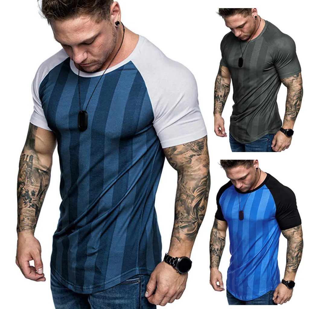

T shirt Men Summer Casual Fashion Gray Blue Color Short sleeve striped Print Tshirt Round Neck Fitness Sport Running T-shirt Top