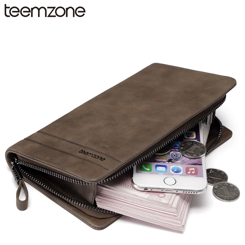 

teemzone Trend Men Leather Fashion Business Vintage Style Leather Handbag Leather Cowhide Zipper Clutch Bag Organizer S3389