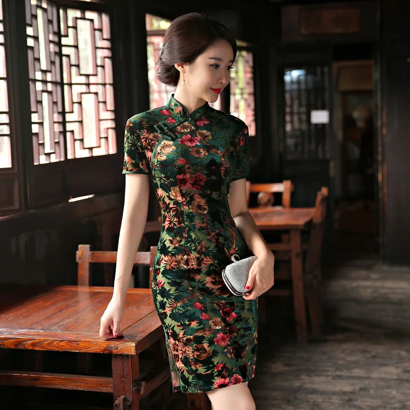 

Fashion 2018 Velvet Cheongsam Sexy Qipao Dress Chinese Traditional Dresses China Clothing Store Robe Oriental Collars