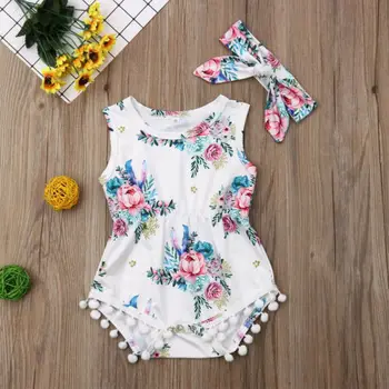 

2019 Summer Newborn Baby Girls Floral Printed Sleeveless Clothes Jumpsuit Romper Bodysuit Headband Outfit Set